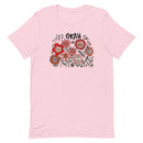pink unisex t-shirt with encouraging saying "it's okay to be different" in red, pink floral design