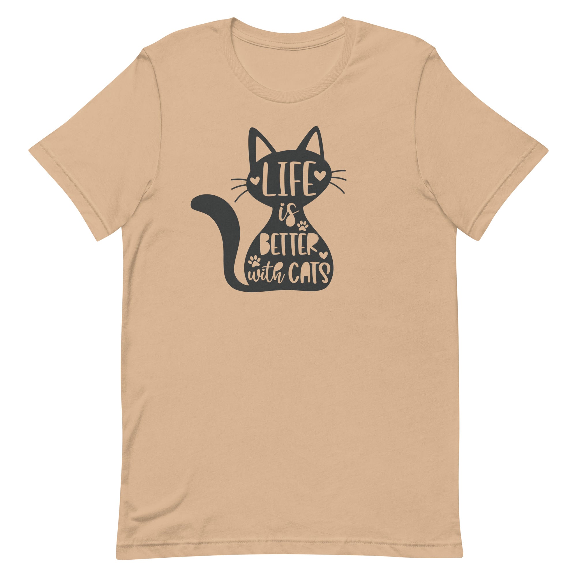women's tan/beige t-shirt with "Life is better with cats" text on black cat image, gift for cat moms