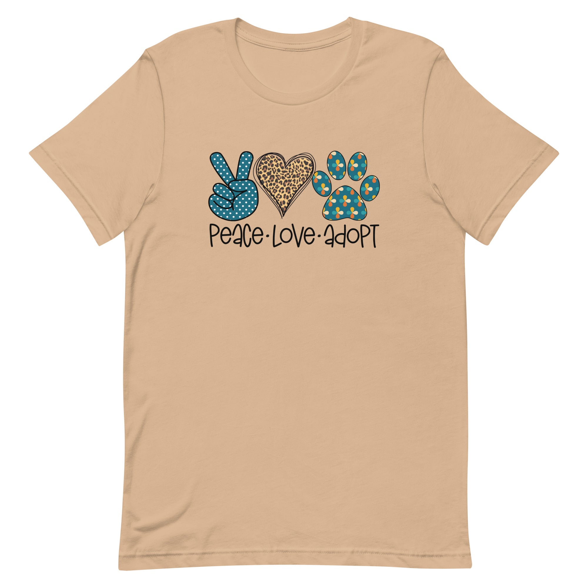 beige/tan t-shirt with "peace love adopt" text for pet adoption and animal shelter supporters with peace sign, heart, paw print in teal and leopard print
