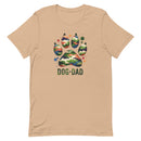 tan/beige t-shirt with text "Dog Dad" in dark green with a camo print dog paw print for outdoorsy pet lovers.