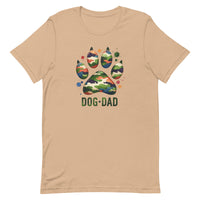 tan/beige t-shirt with text "Dog Dad" in dark green with a camo print dog paw print for outdoorsy pet lovers.