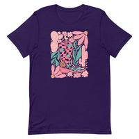 women's dark purple T-shirt with Cowgirl Boot, feminine Western Design with cactus, flowers in pink, green