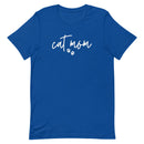 women's royal blue t-shirt with simple, minimalist "cat mom" and cat paw prints in white