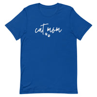 women's royal blue t-shirt with simple, minimalist "cat mom" and cat paw prints in white