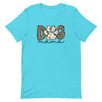 turquoise women's t-shirt with trendy "Dog Mama" text in leopard animal print