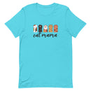turquoise blue t-shirt with 'cat mama' text and cat paw illustrations doing the rock, paper, scissors game