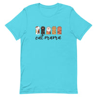 turquoise blue t-shirt with 'cat mama' text and cat paw illustrations doing the rock, paper, scissors game