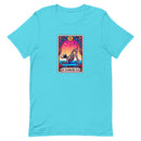 unisex turquoise blue dog humor t-shirt with skeleton dog doing yoga on a tarot card. "downward dog" text on bright colors. 