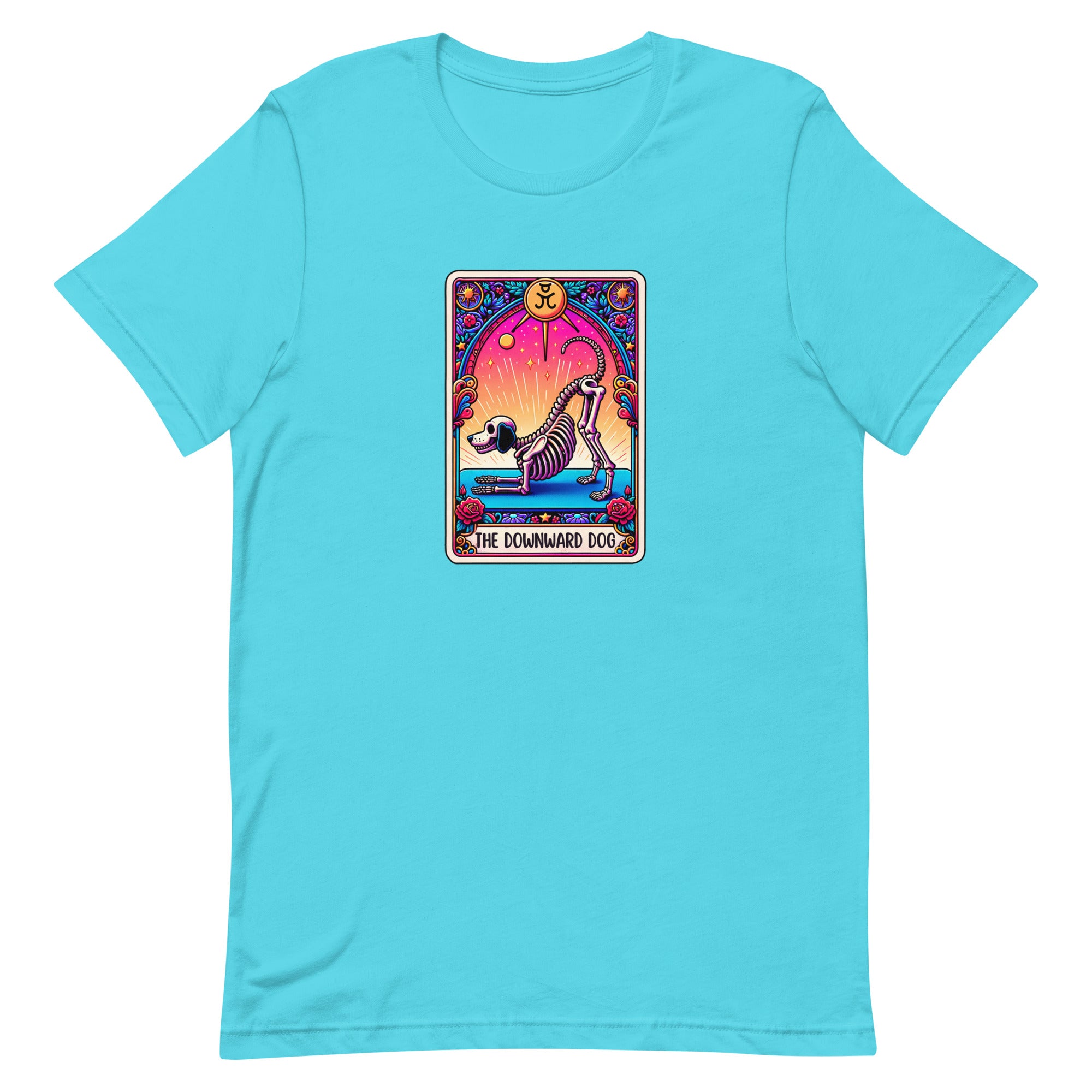 unisex turquoise blue dog humor t-shirt with skeleton dog doing yoga on a tarot card. "downward dog" text on bright colors. 
