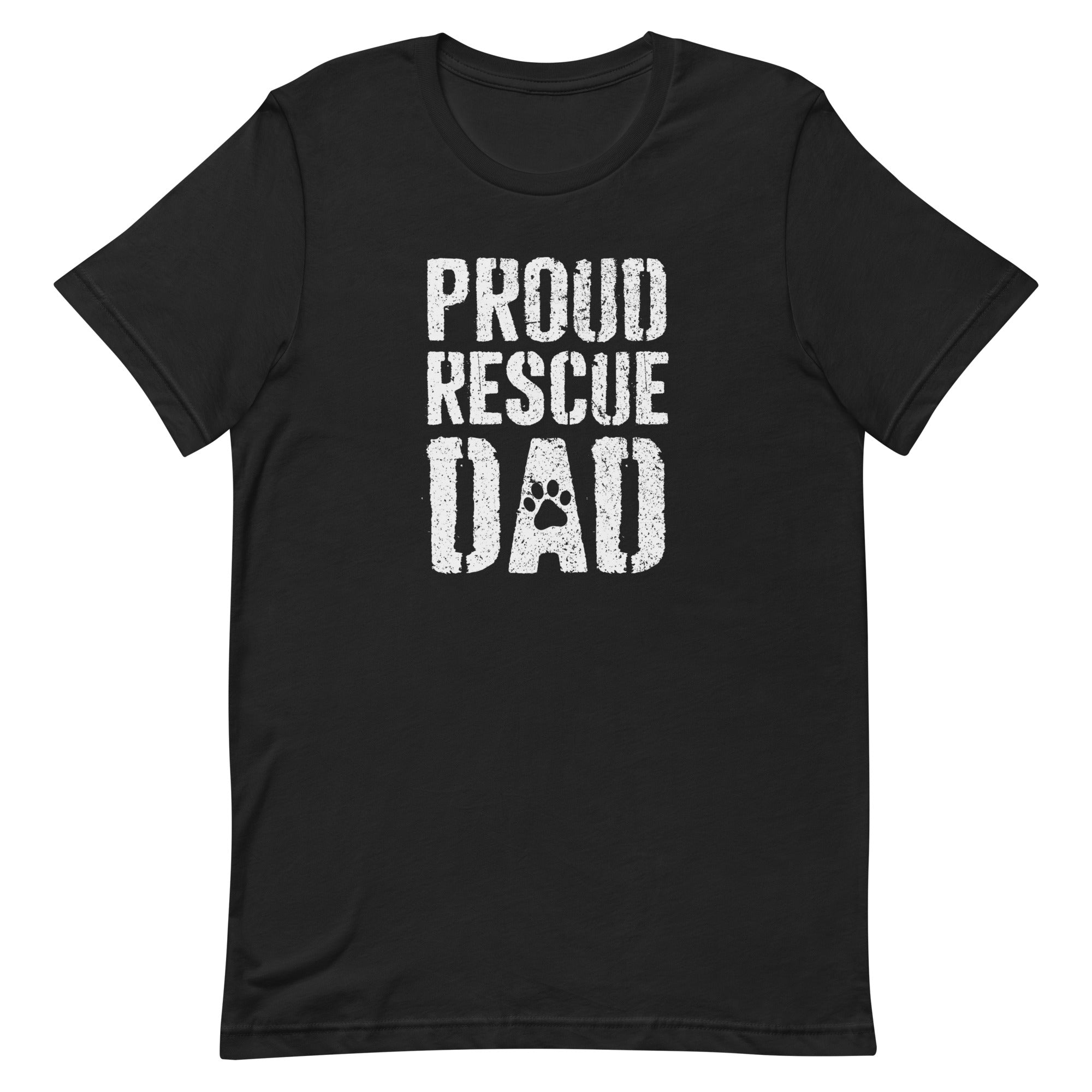 men's black t-shirt with "proud rescue dad" vintage text for cat and dog dads of shelter pets