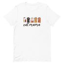 white t-shirt with 'cat mama' text and cat paw illustrations doing the rock, paper, scissors game