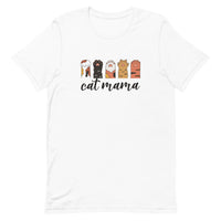 white t-shirt with 'cat mama' text and cat paw illustrations doing the rock, paper, scissors game
