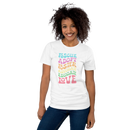 white t-shirt with animal, dog saying "rescue, adopt, foster, advocate, educate, love" in pink, blue, peach, yellow, green