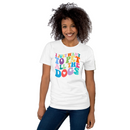 white t-shirt with funny dog saying "I just want to pet all the dogs" in colorful wavy text