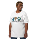 white t-shirt with "peace love adopt" text for pet adoption and animal shelter supporters with peace sign, heart, paw print in teal and leopard print
