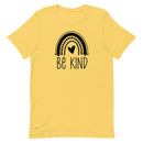 yellow unisex t-shirt with positive message "be kind" with a cute rainbow and heart. all black design.