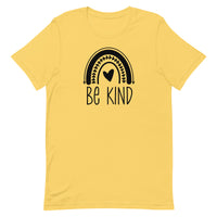 yellow unisex t-shirt with positive message "be kind" with a cute rainbow and heart. all black design.