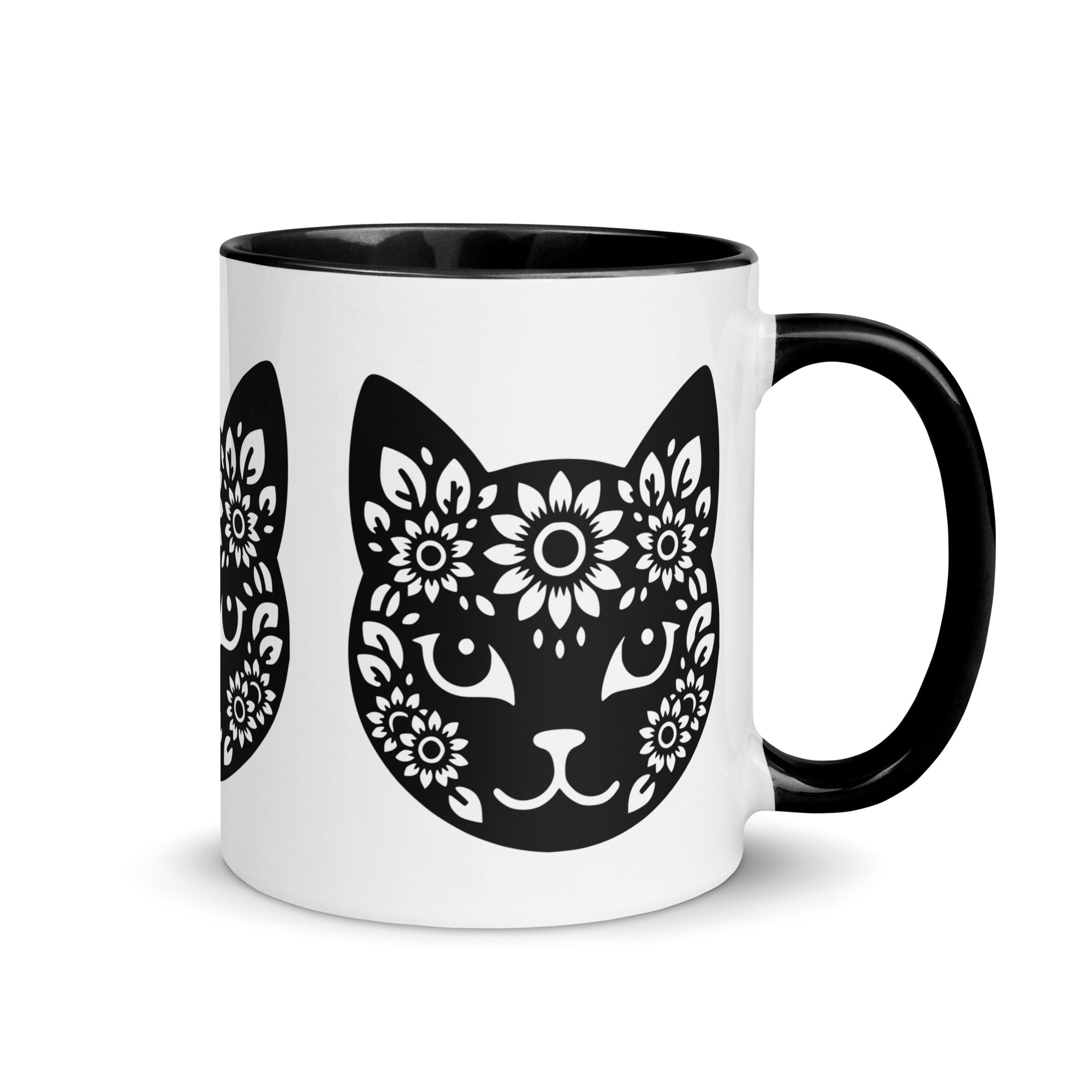 Black Flowered Cat Mug